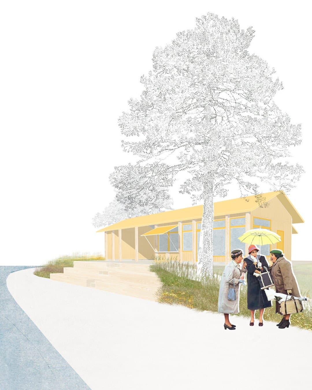 Collage av en gul träpaviljong vid vatten under en stor tall