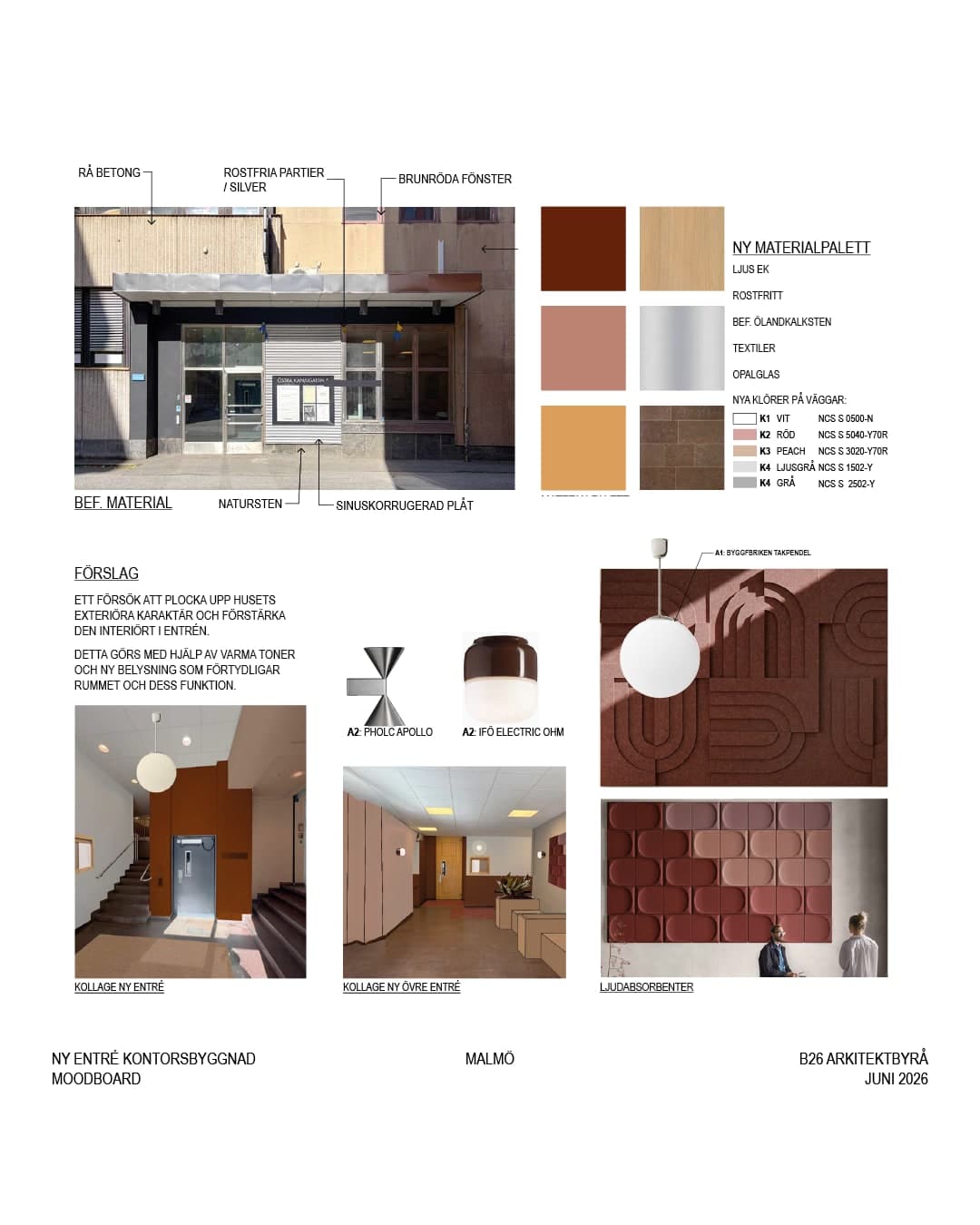 Moodboard för ny entré i en kontorsbyggnad i Malmö: befintliga material, ny materialpalett med NCS-kulörer, armaturer och kollage av den nya entrén